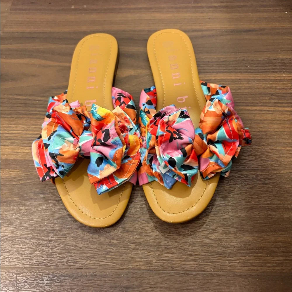 Gianni Bini -“Zereena” Multi-Color Floral Bow Flat Slide Sandals-Pink and Orange - Picture 2 of 5